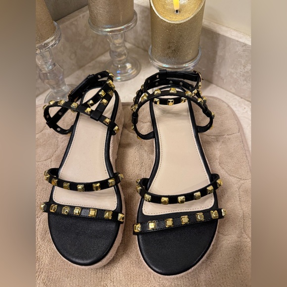 Rockstar gold stud gladiator platform  black espadrille punk goddess size 6 - Picture 14 of 15